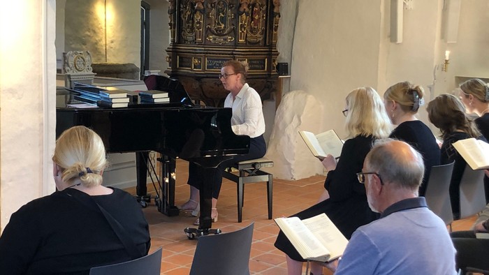 En gruppe af mennesker deltager i en musikalsk præstation i en historisk sal med piano og orgel.