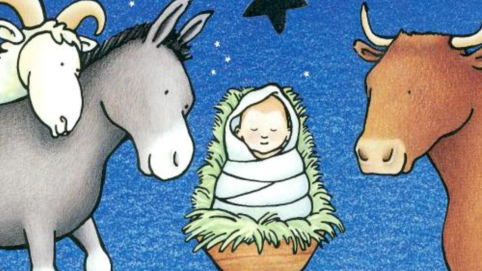En illuderet julehistorie med Jesusbarn i en kridt, omgivet af en geit, en aske og en okse