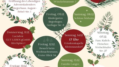 Adventskalender-Plan mit Aktivitäten und Veranstaltungen für jeden Tag.