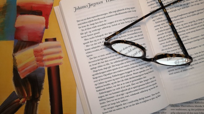 En bog med briller og en farverig objekt på en gul baggrund