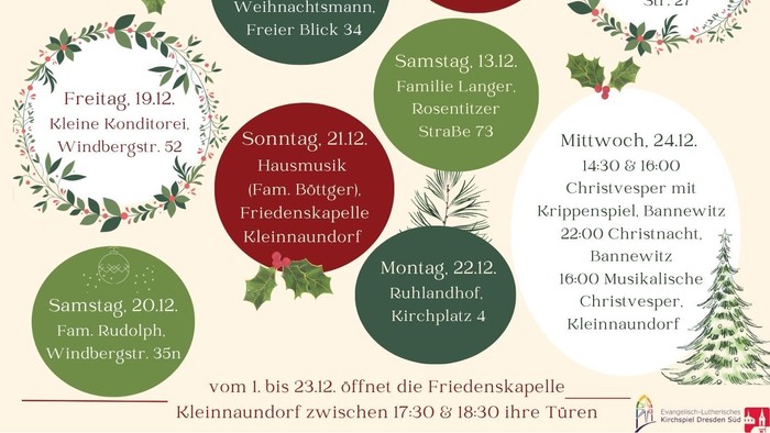 Adventskalender-Plan mit Aktivitäten und Veranstaltungen für jeden Tag.