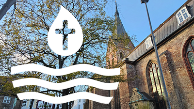 Kirche St. Marien im Vordergrund Taufsymbol