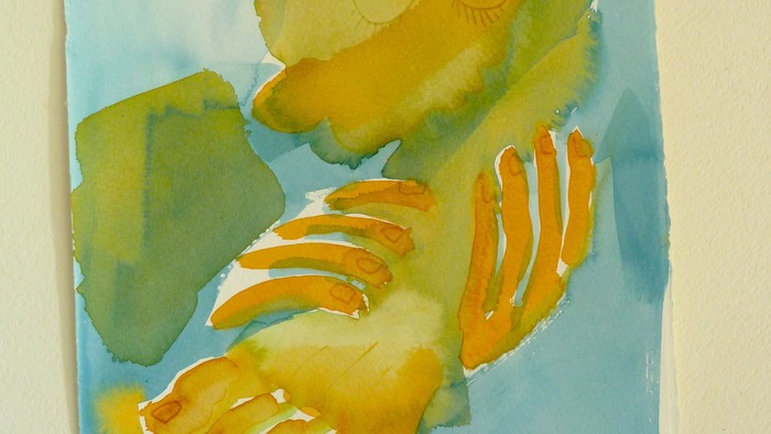 Abstrakt maleri med gule og grønne former på blå baggrund