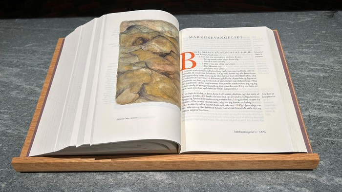 Åben bog på et bord med et stort bogstav B og et billede.