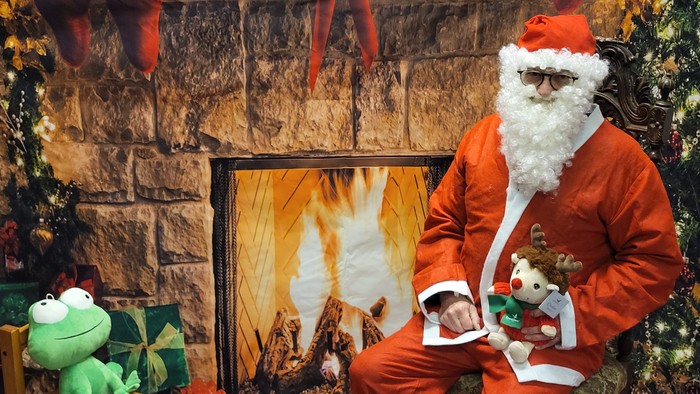 Santa Claus sits by a cozy fireplace surrounded by festive decorations and stuffed toys.