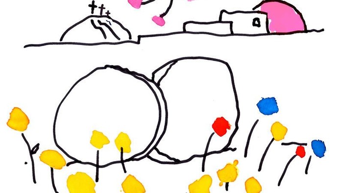 Zwei einfache Zeichnungen: Ein Haus unter rosa Blumen und zwei große Kugeln mit gelben Blumen.