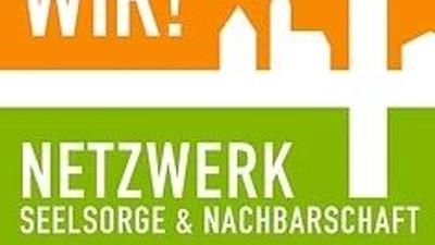 Schrift mit Kirche und Haus orange und grün