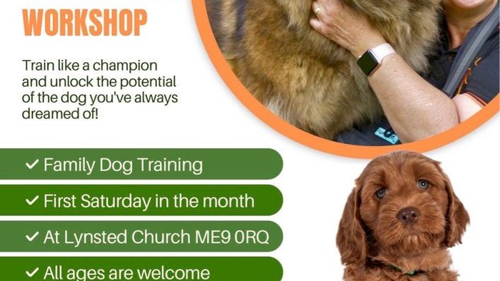 Dog training workshop poster with images of dogs and people, listing details and contact information