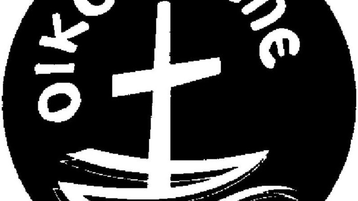Schwarzer Kreis mit weißem Kreuz und dem Text „Oikoumene“