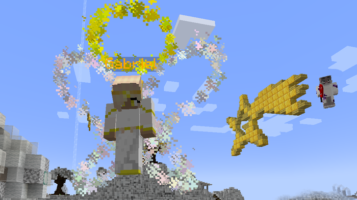 Eine Minecraft-Szene mit einem Spieler auf einer Brücke, der mit einem goldenen Schwert einen gelben Gegner angreift.