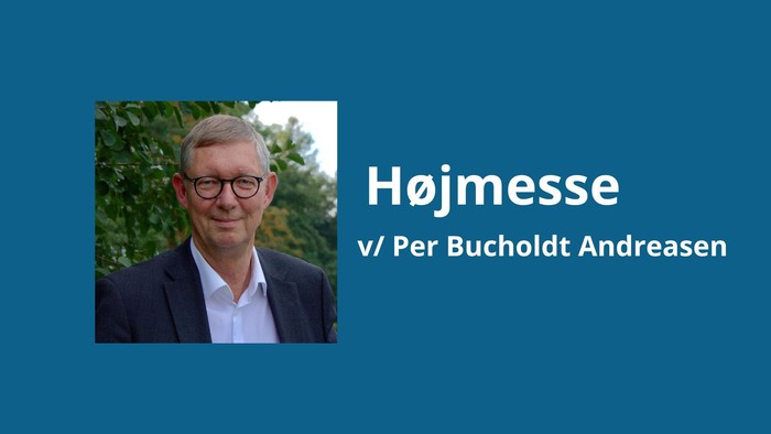 Reklamebillede til Højmesse med en mand, Per Bucholdt Andreasen, sandsynligvis til en gudstjeneste eller begivenhed.