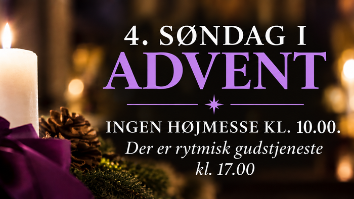Adventskalenderplakat, der annoncerer, at der ikke er højmesse kl. 10, men rytmisk gudstjeneste kl. 17 på fjerde søndag.