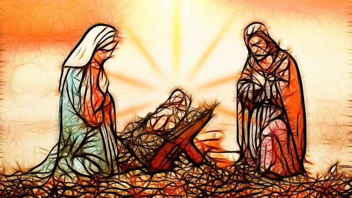 Glasmaleri af juleevangeliet med Maria, Josef og barnet Jesus.