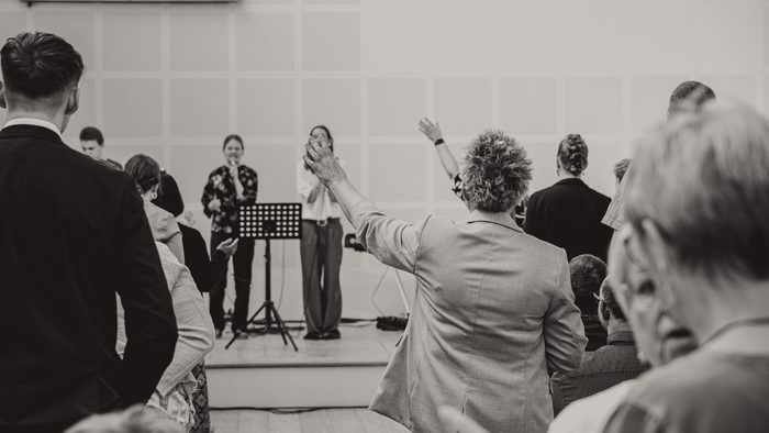 En gruppe af mennesker deltager i en aktivitet med musik og dans.