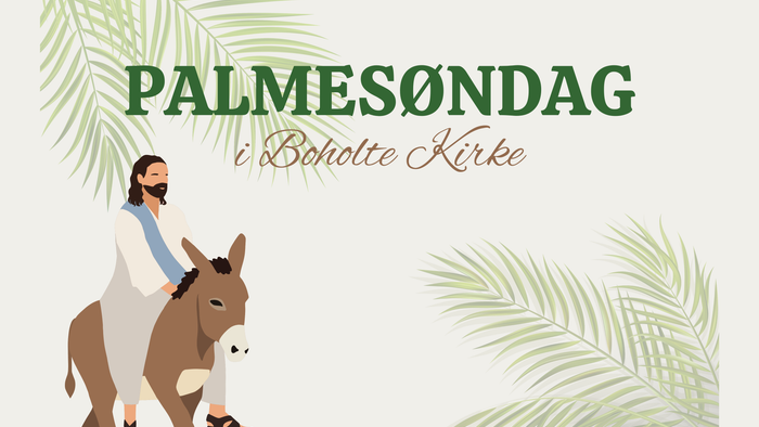 Illustration, der fejrer Palmesøndag ved Boholte Kirke med en figur, der rider på et æsel, og palmegrene.