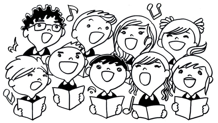 Børn, der synger i et kor og holder nodeark.