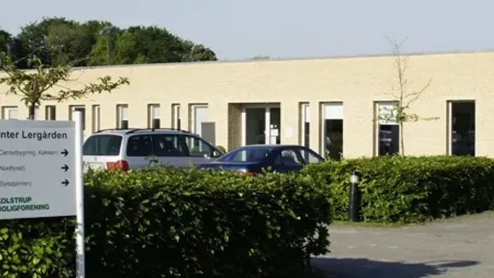 Parkering ved Center Lærgården med flere biler og grønne buske