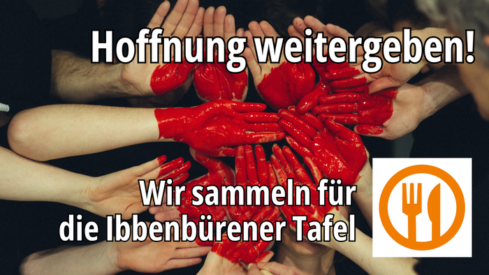 Hier sieht man eine Fläche aus Händen, auf die mit roter Farbe ein Herz gemalt wurde und das Logo der Tafel und der Hinweis, das Spenden dafür gesammelt werden.