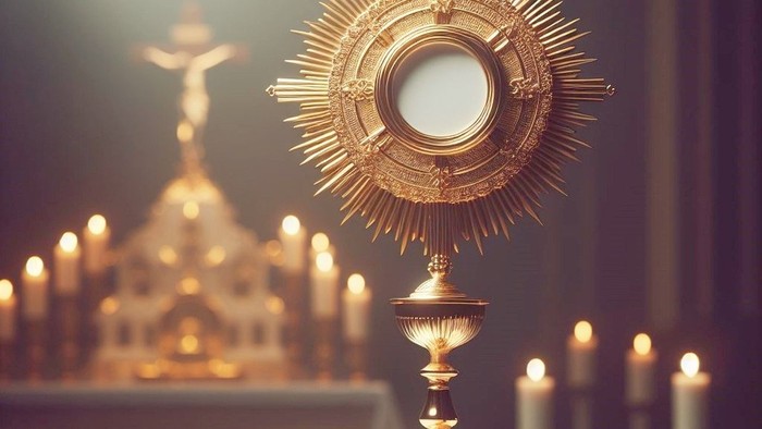 Goldene Monstranz auf einem Tisch mit brennenden Kerzen und einem Kruzifix im Hintergrund.