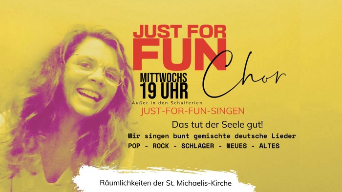 Plakat für den Just-for-Fun-Chor mit Frau und Text in Deutsch