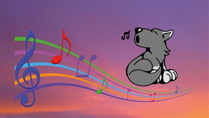 En graet tegnede ulv synger på en musiksævl.
