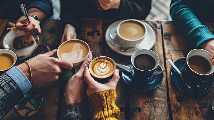 Eine Gruppe von Freunden hält Kaffeetassen hoch und prostet sich zu.