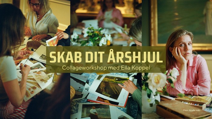 Kollageworkshop, hvor deltagerne laver årsplanlæggere sammen med Ella Koppel, omgivet af kreative materialer og inspiration.