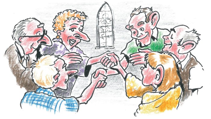 En gruppe af ældre mennesker ser og peger på en telefon.