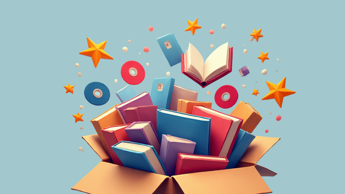 Ein Karton voller bunter Bücher mit Sternen und Konfetti, darunter der Text 