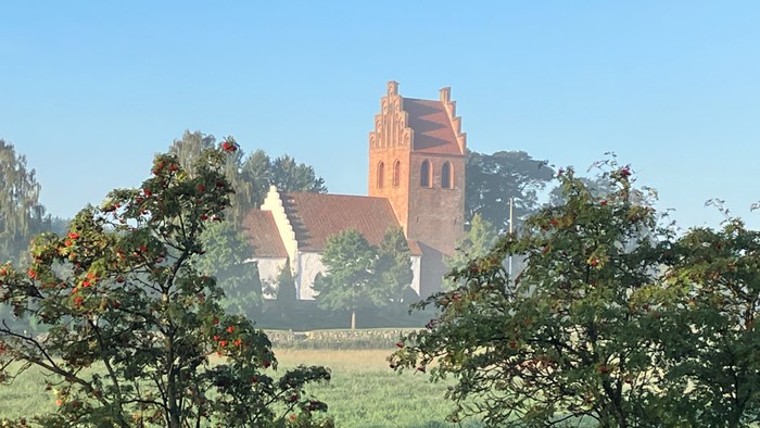 En rød kirke med tårn i en grøn og åben landskab
