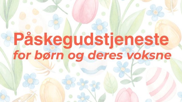 Påskegudstjenesteinvitation til børn og deres voksne med blomsterbaggrund.