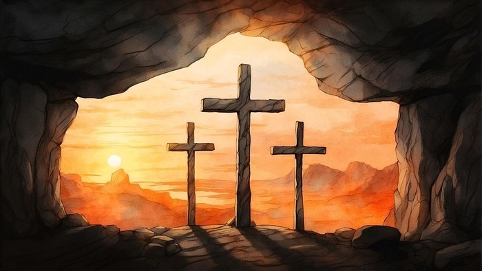 Tre kors står i en grotte ved solnedgang og symboliserer et højtideligt og helligt øjeblik.