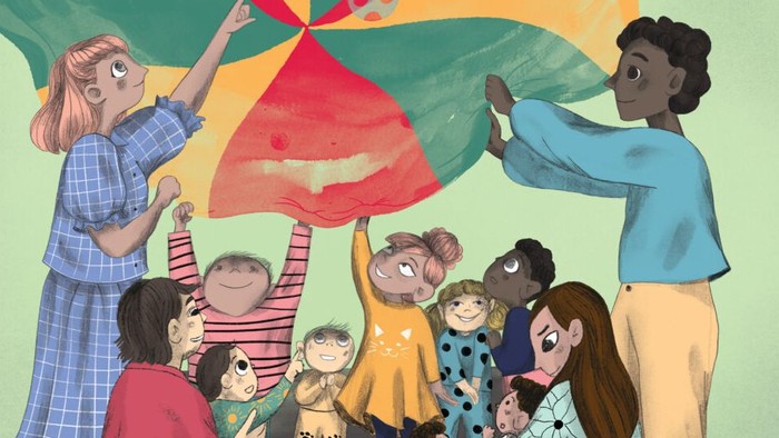 Børn og voksne samler sig om en stor farverig paraply