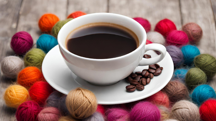 Bunter Wollladen mit Kaffeetasse auf Holzfläche