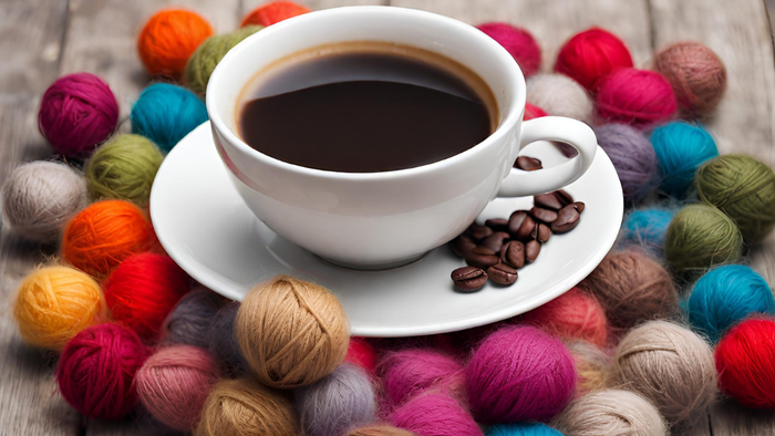 Bunter Wollladen mit Kaffeetasse auf Holzfläche