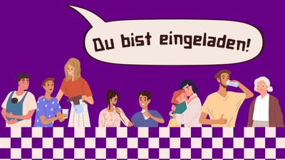 Eine Gruppe von Menschen steht an einer Theke, eine Sprechblase zeigt "Du bist eingeladen!".