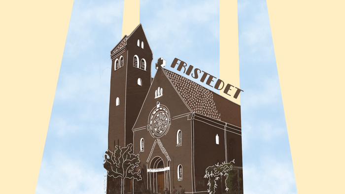 En stiliseret illustration af en kirke med påskriften