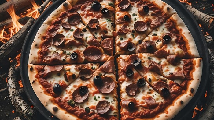 En pænt pizza med pepperoni og oliver, der griller over åben ild.