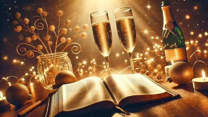 Ein festlich gedeckter Tisch mit zwei Champagnergläsern, einem Buch, Kerzen und Weihnachtsdekorationen