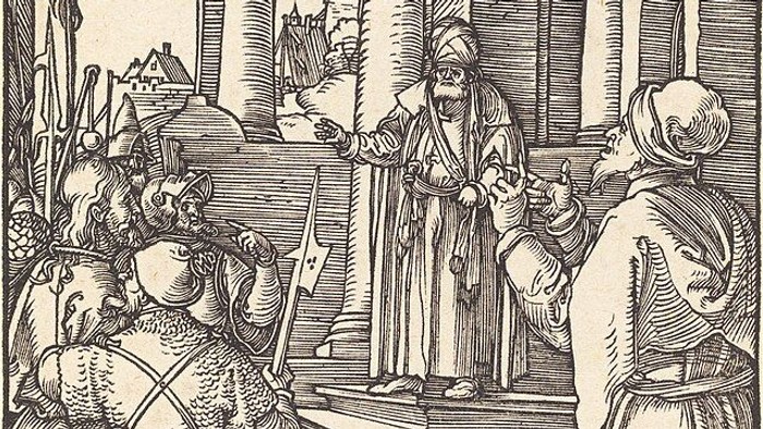 Mittelalterliche Szene zeigt Ritter, einen Bettler und einen Adligen in einem Burghof.