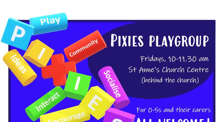 Colorful poster advertising a playgroup for children aged 0-5, held Fridays from 10-11:30 am at St Anne's Church Centre, encouraging interaction, ideas, and community.