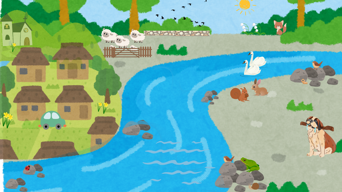 A river flows through a village with animals and buildings nearby