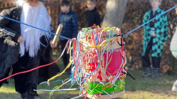 En gruppe børn spiller med en farverig ball i en have.