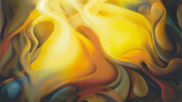 Abstract painting with vibrant, flowing colors and dynamic shapes.