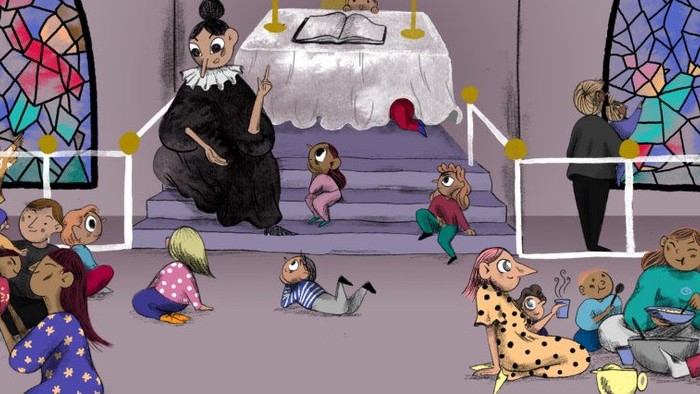 En gruppe børn sidder i en seng og lytter til en fortæller en historie.