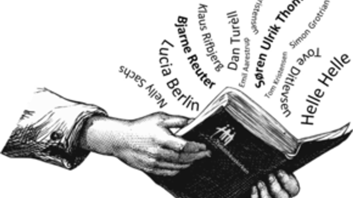 En hånd holder en bog med navne som flyver ud af den.