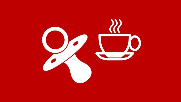 Et symbol af en suge og en kaffekop på rød baggrund