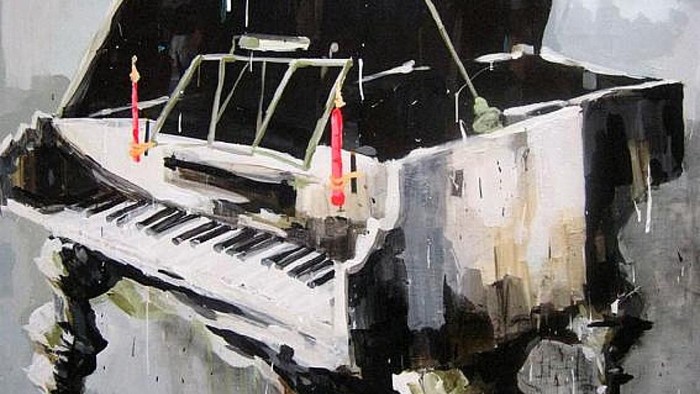 Et maleri af et hvidt piano med sorte nøgler og røde bjælker.