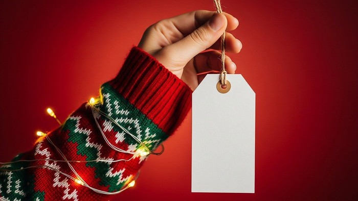 Eine Hand, die einen Anhänger hält, und der Arm steckt in einem Weihnachtspulli, um den eine Lichterkette gewickelt ist