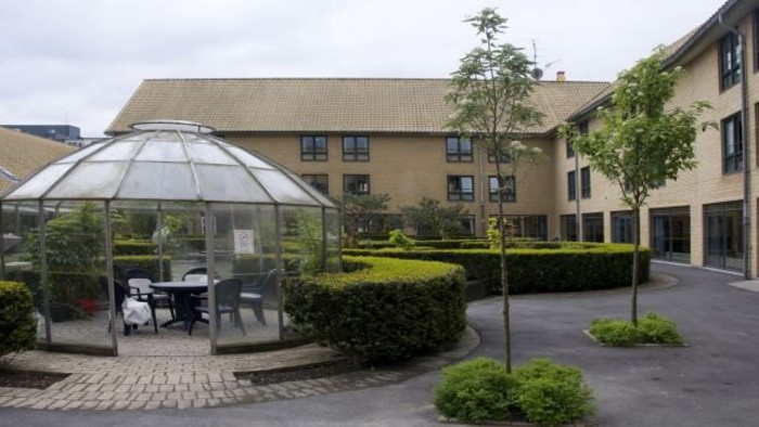 En lille glasspavillon i en courtyard med grønne planter og træer.
